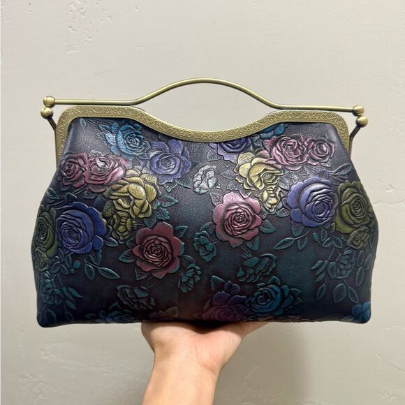 Unique Colorful Rose Embossed Cowhide Handmade  Retro Style Kisslock Handbag - Picture 8 of 17